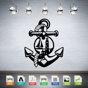 Anchor with Sailboat Lighthouse Vector - Nautical Coastal Decor