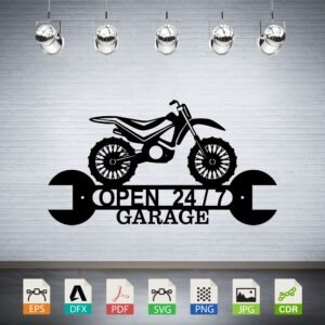 Dirt Bike Garage Open 24/7 Metal Sign Vector