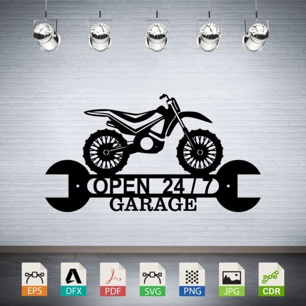 Dirt Bike Garage Open 24/7 Metal Sign Vector