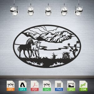 Horses in Mountain Landscape Vector CNC Laser Cut File