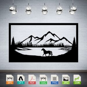 Horse by Mountain Lake Vector