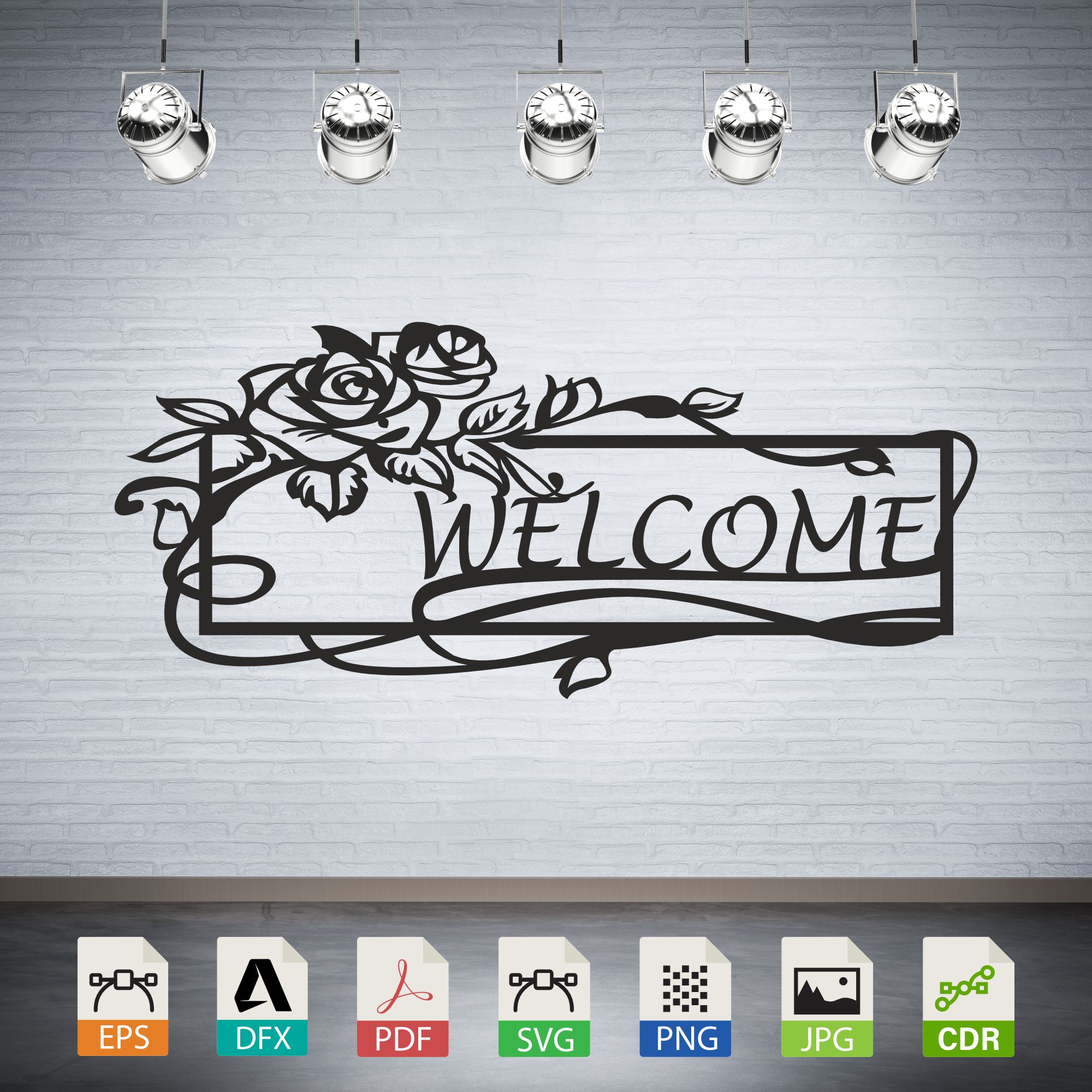 Floral Welcome Sign with Roses Vector CNC Laser Cut File