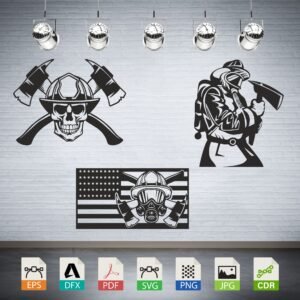Firefighter Skull Axes Flag Collection Vector CNC Laser Cut File