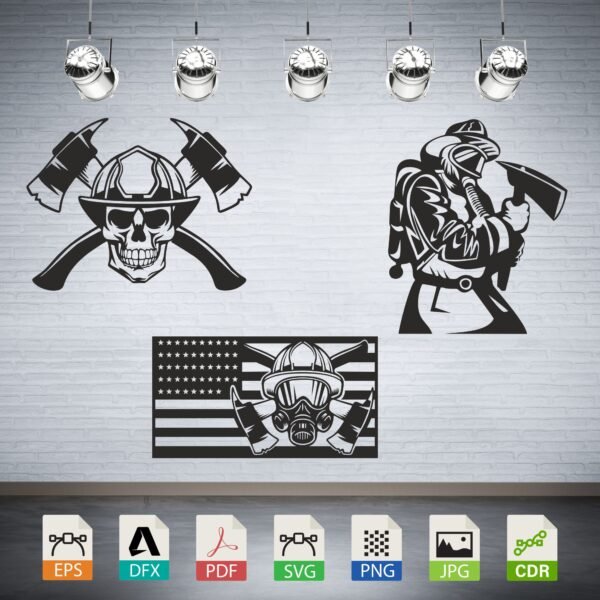 Firefighter Skull Axes Flag Collection Vector CNC Laser Cut File