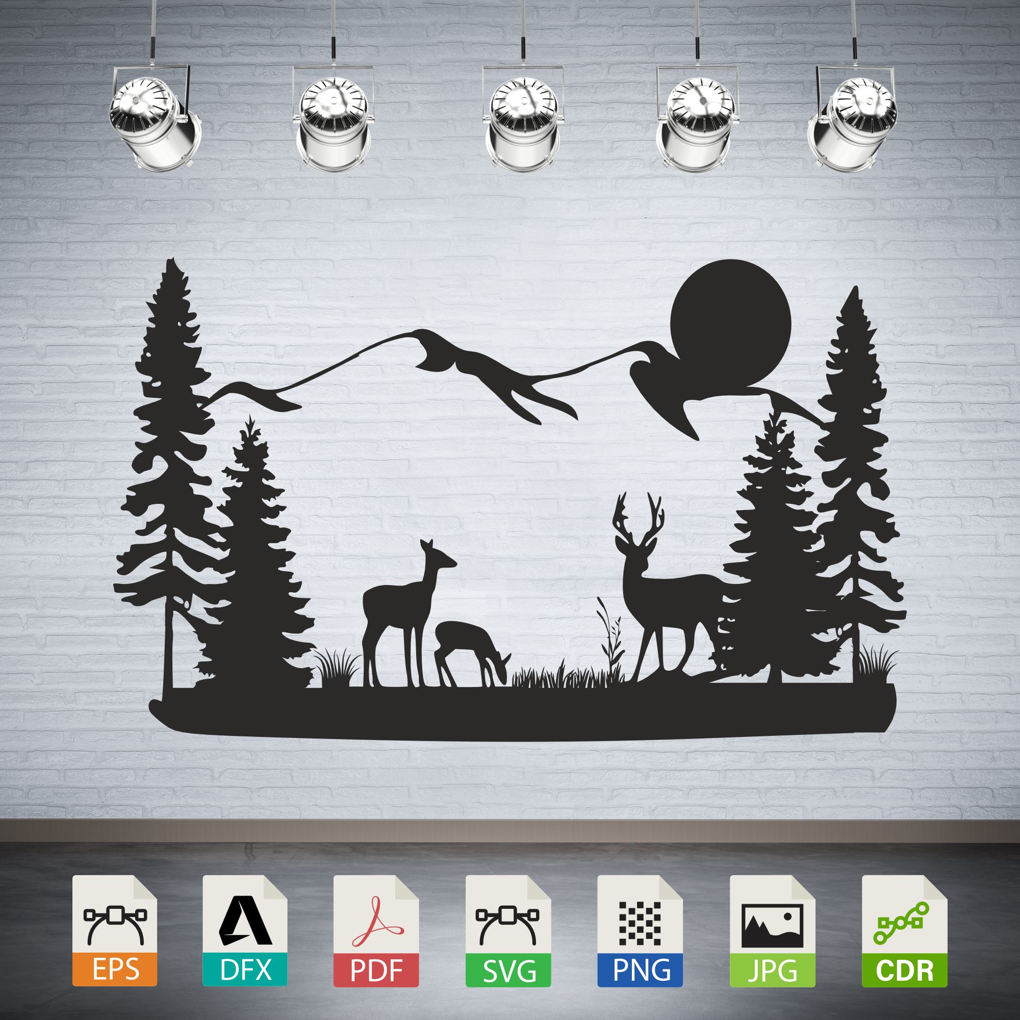 Deer Family Mountain Moon Scene Vector CNC Laser Cut File