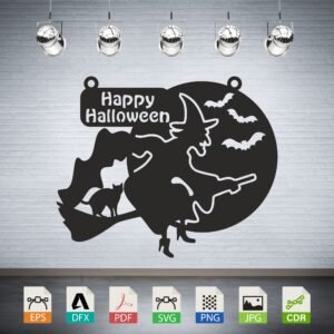 Happy Halloween Witch Cat Bats Vector CNC Laser Cut File