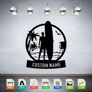 Surfer Beach Scene Vector - Custom Name Coastal Decor
