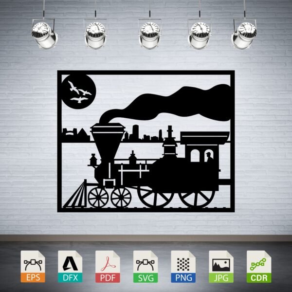 Vintage Steam Train City Scene Vector CNC Laser Cut File