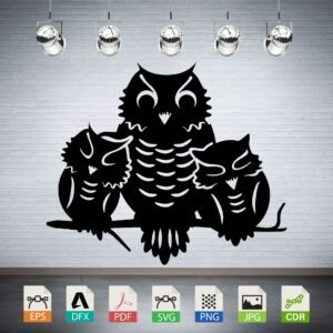 Owl Family on Branch Vector - Woodland Decor Design