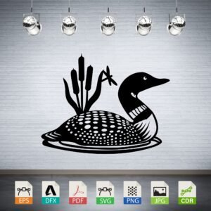 Loon on Water with Cattails Vector - Lake Wildlife Decor