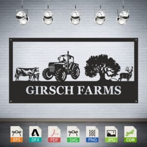 Farm Scene Tractor Cow Deer Tree Vector - Rural Landscape Decor