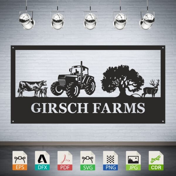 Farm Scene Tractor Cow Deer Tree Vector - Rural Landscape Decor
