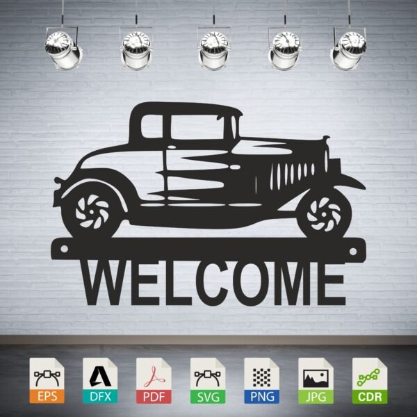 Welcome Vintage Car Vector - Classic Auto Garage Sign