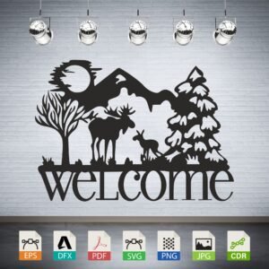 Welcome Moose Deer Mountain Scene Vector - Rustic Cabin Decor