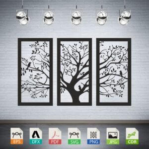 Triptych Tree with Birds Vector - Decorative Panel Screen Art