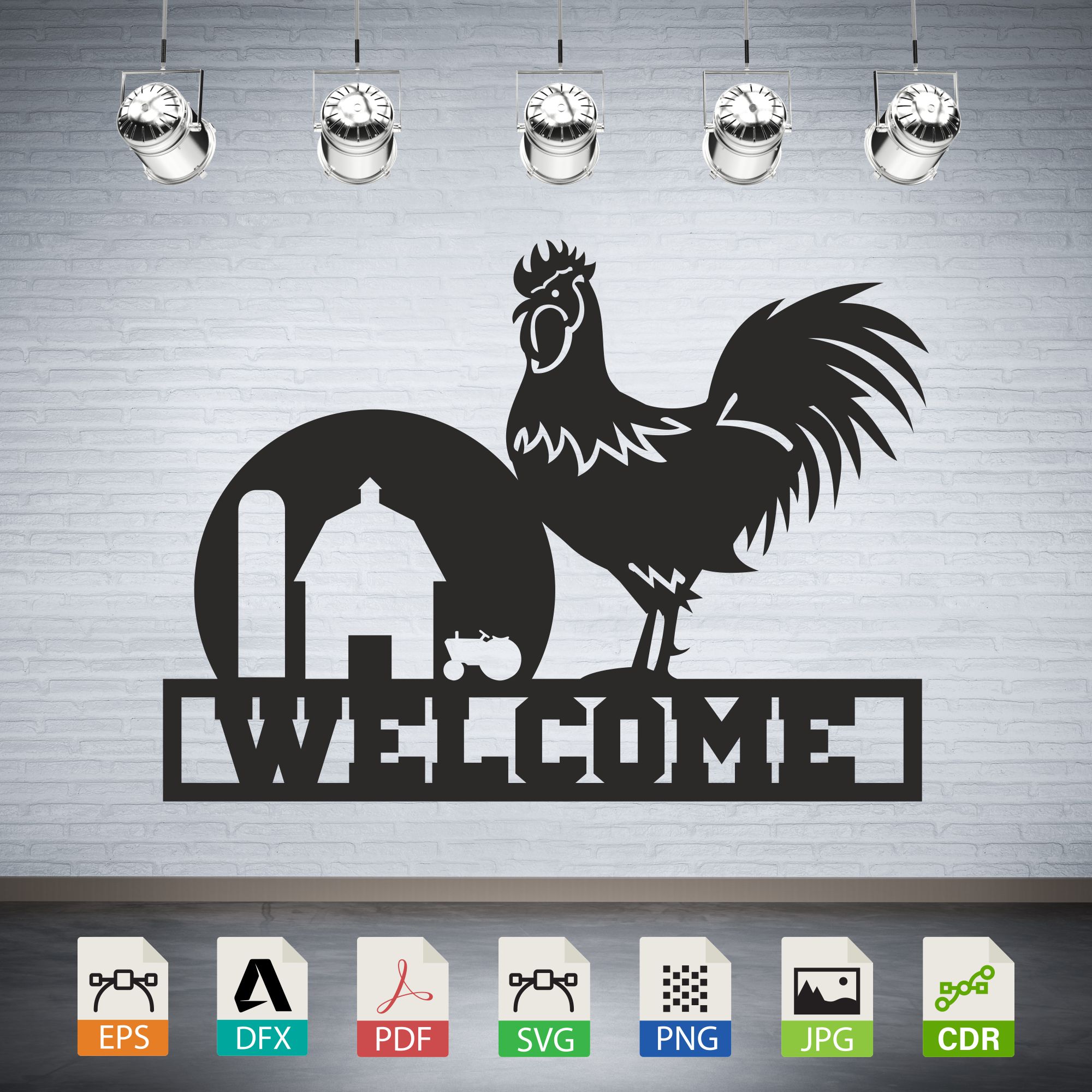Welcome Rooster Farm Scene Vector - Country Decor Sign