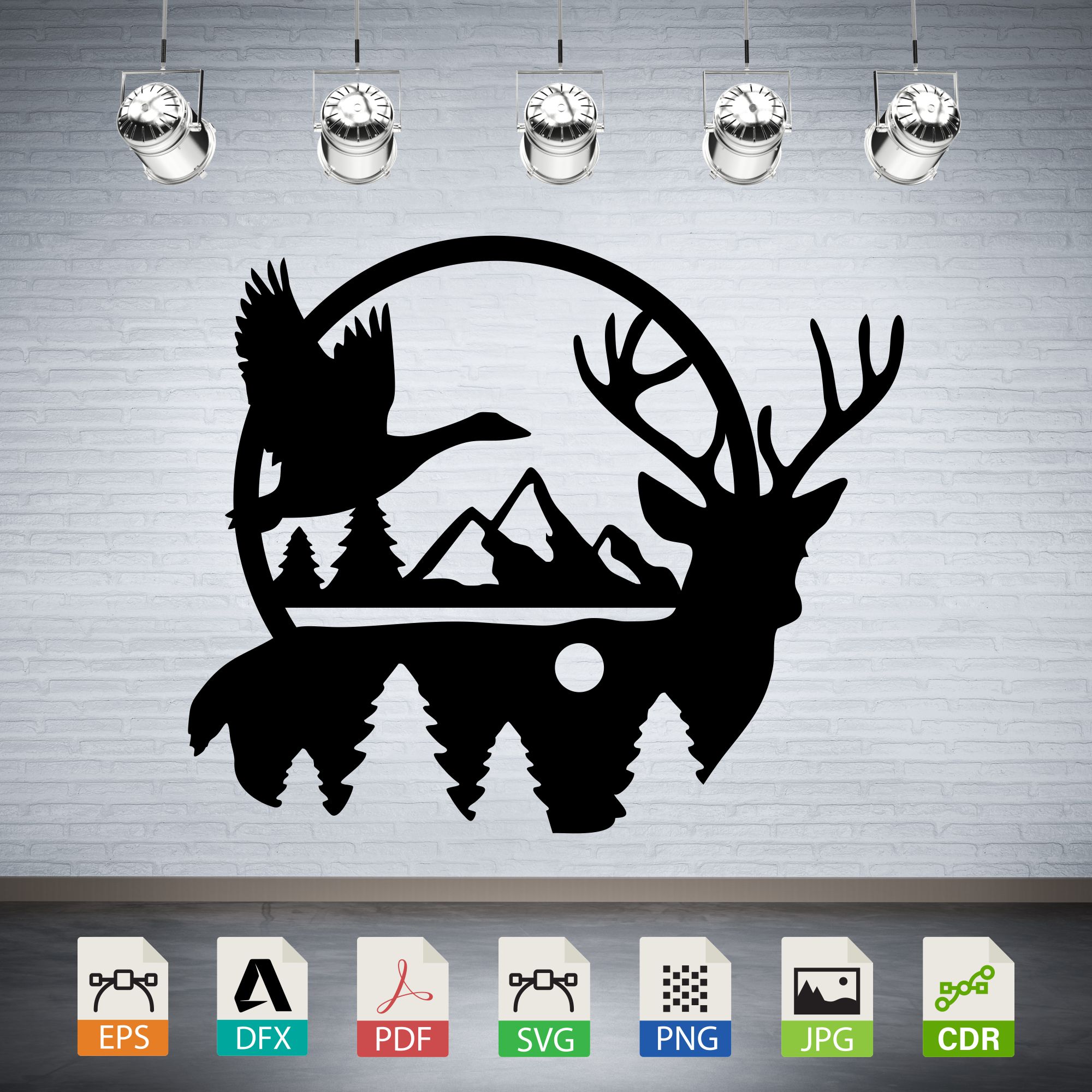 Deer Goose Mountain Lake Vector - Wildlife Landscape Decor