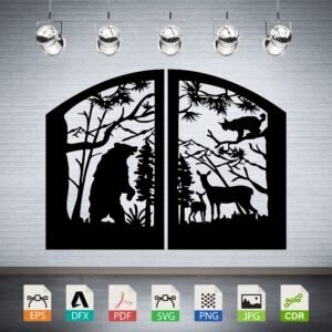 Forest Animals Scene Two Panel Vector - Bear Lynx Deer Decor