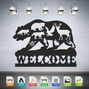 Welcome Bear Silhouette with Wildlife Vector - Rustic Cabin Decor Sign